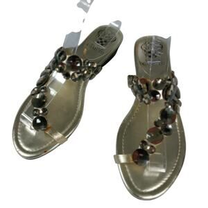 VINCE CAMUTO! GOLDEN GRECIAN STYLE FACETED JEWEL TOE STRAP HEELS, SANDALS! SZ 7B
